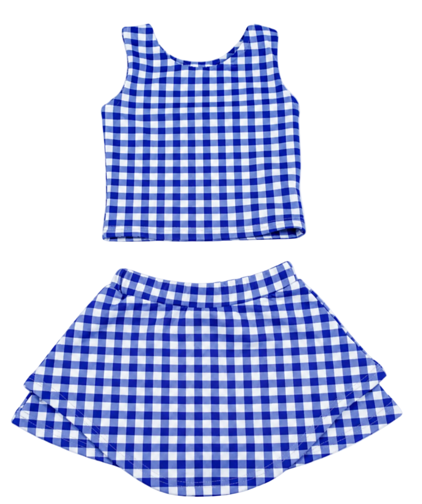 A two-piece children's outfit set featuring a sleeveless tank top and a flared skirt, both in a blue and white gingham checkered pattern, shown against a plain white background.