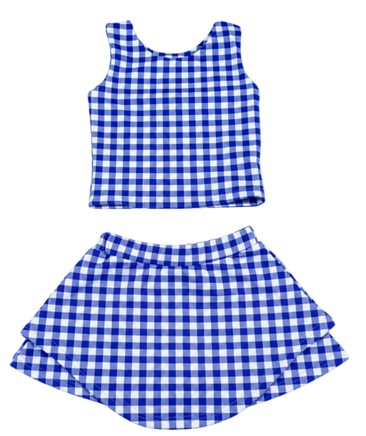 A two-piece children's outfit set featuring a sleeveless tank top and a flared skirt, both in a blue and white gingham checkered pattern, shown against a plain white background.