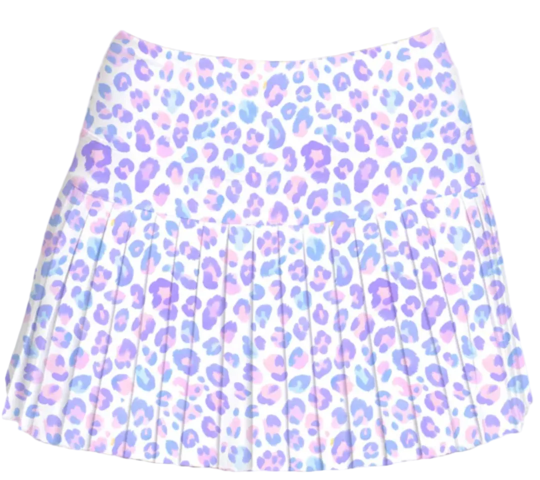A white pleated skirt with a watercolor-style leopard print pattern in pastel purple and blue, shown against a plain white background.