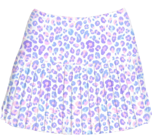 A white pleated skirt with a watercolor-style leopard print pattern in pastel purple and blue, shown against a plain white background.