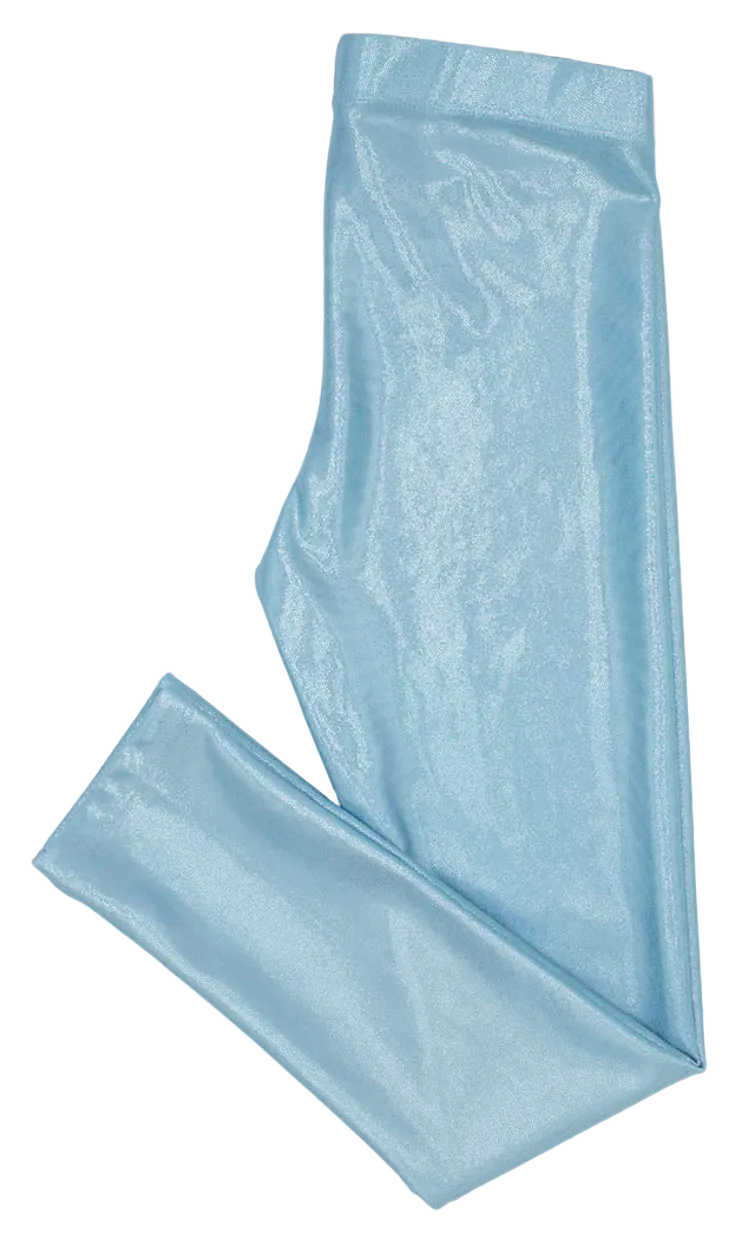 Light blue shimmer leggings folded on a white background.