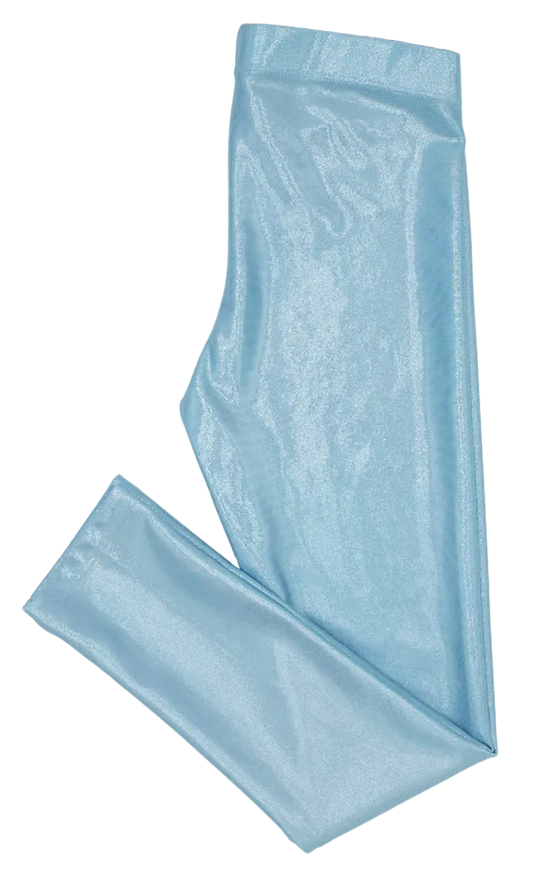 Light blue shimmer leggings folded on a white background.