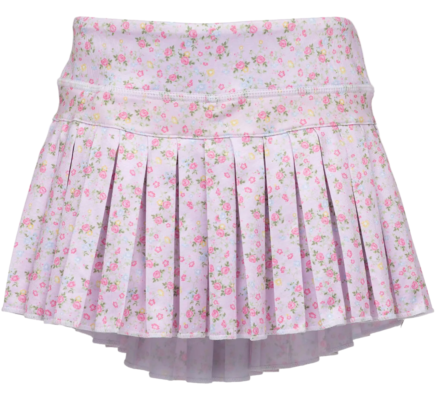 A light lavender pleated skirt with a small pink and yellow floral print, featuring a wide elastic waistband and a layered tulle hem.