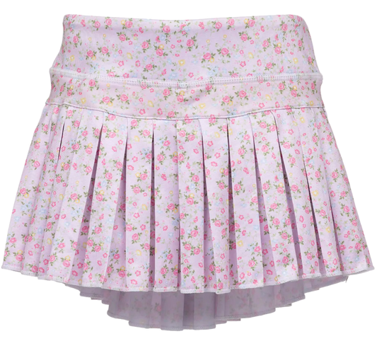 A light lavender pleated skirt with a small pink and yellow floral print, featuring a wide elastic waistband and a layered tulle hem.