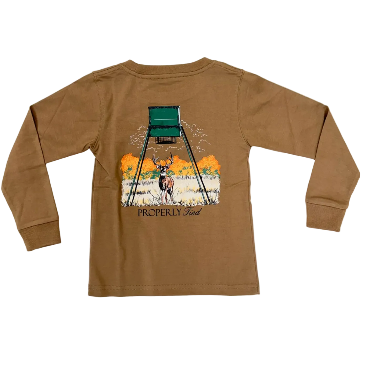 A brown long-sleeve t-shirt laid flat on a white background, showing the back graphic which features a deer under a hunting stand with the text 'PROPERLY CLEARED'.