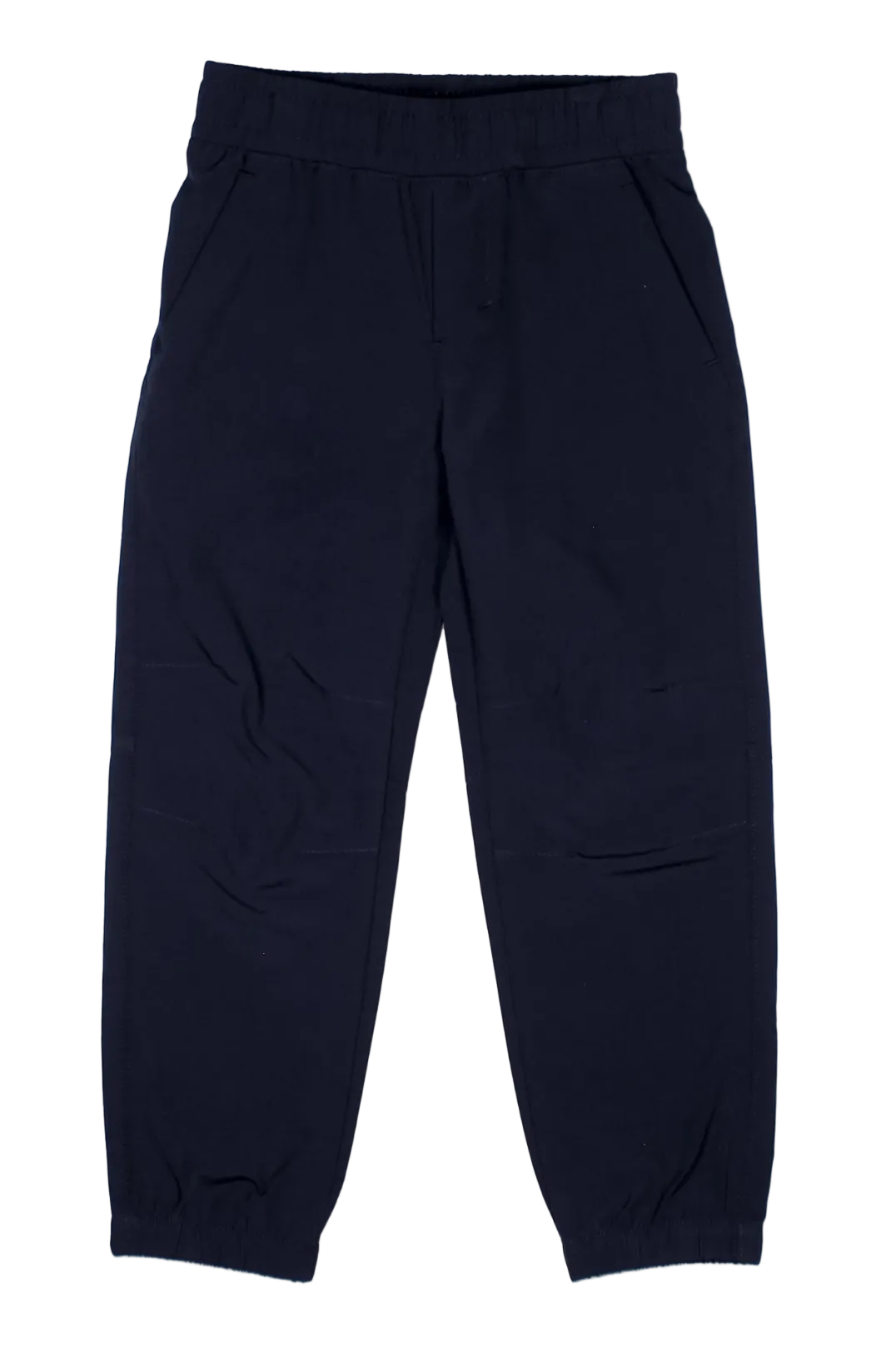 A pair of dark navy blue jogger pants with an elastic waistband and elastic cuffs, shown flat against a plain white background.