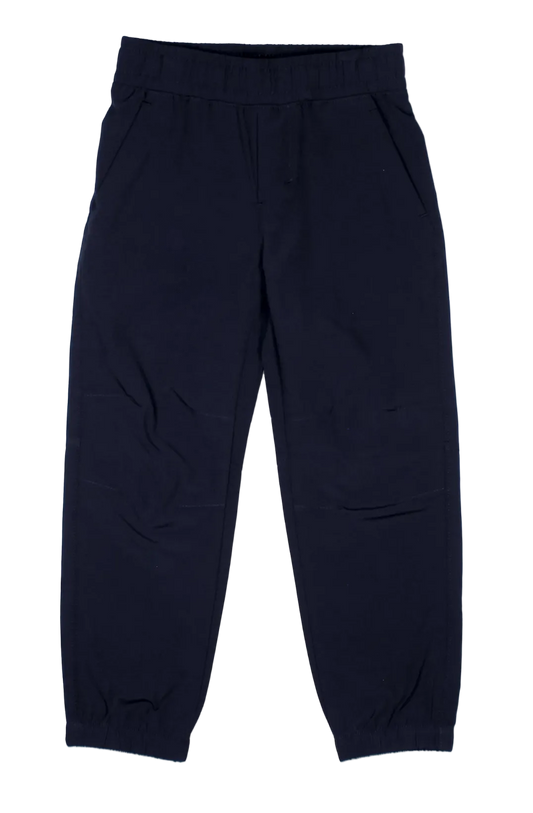 A pair of dark navy blue jogger pants with an elastic waistband and elastic cuffs, shown flat against a plain white background.