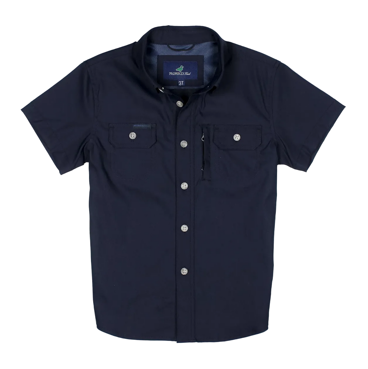 A dark navy blue short-sleeve button-up shirt with two buttoned chest pockets, displayed flat against a plain white background.