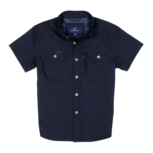 A dark navy blue short-sleeve button-up shirt with two buttoned chest pockets, displayed flat against a plain white background.