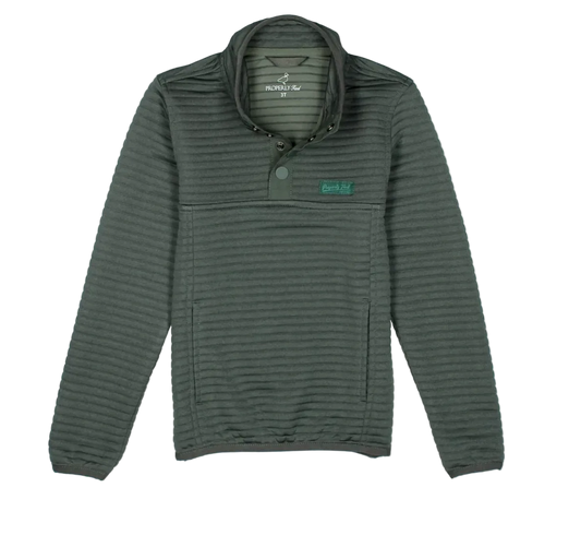 A dark gray ribbed quarter-zip pullover jacket with a stand collar and a small green 'Bush+It' logo patch on the left chest, displayed on a clean white background.