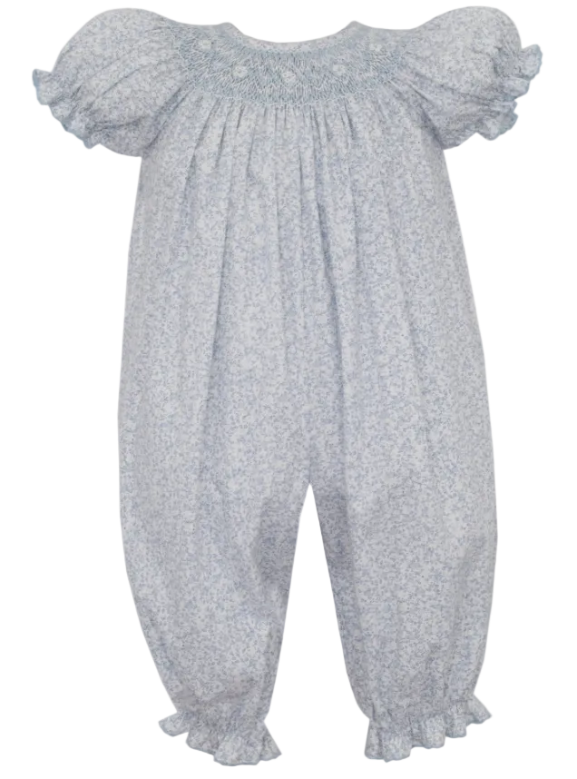 liberty blue floral print on a baby girl long bubble, with a smocked collar 