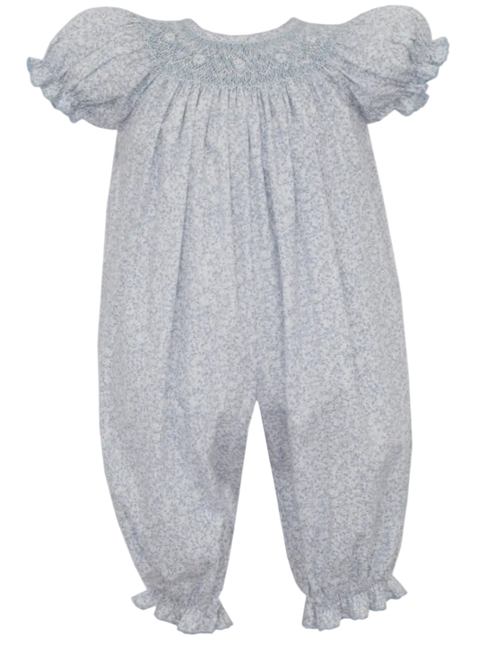 liberty blue floral print on a baby girl long bubble, with a smocked collar 
