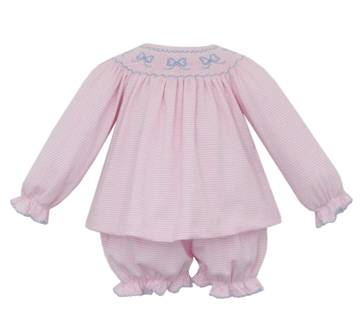 A pink and white stripe baby romper set with long sleeves, ruffled cuffs, ruffled leg openings, and light blue embroidered bows on the chest, shown against a plain white background.
