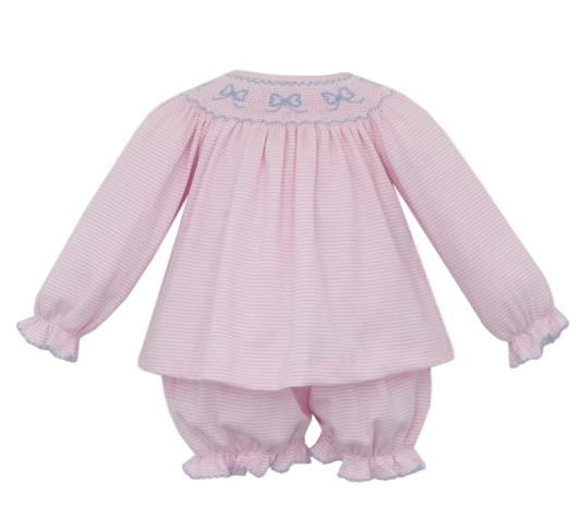 A pink and white stripe baby romper set with long sleeves, ruffled cuffs, ruffled leg openings, and light blue embroidered bows on the chest, shown against a plain white background.