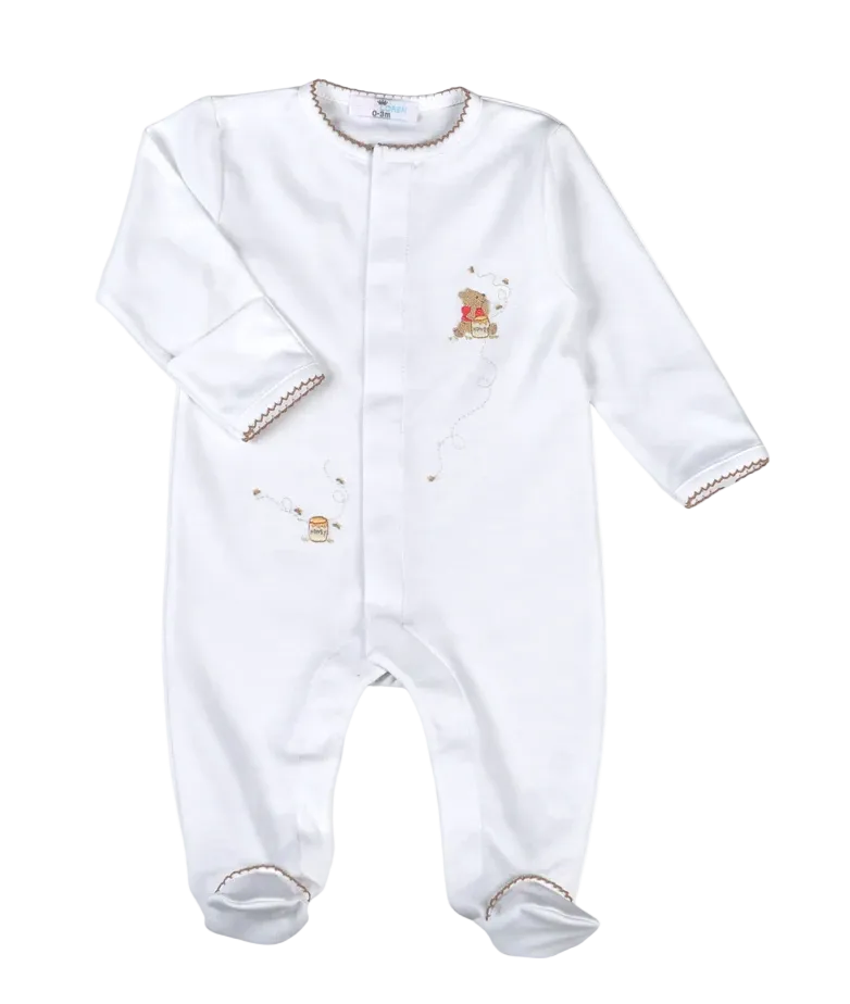 Honey bear footies with brown trim on the edges