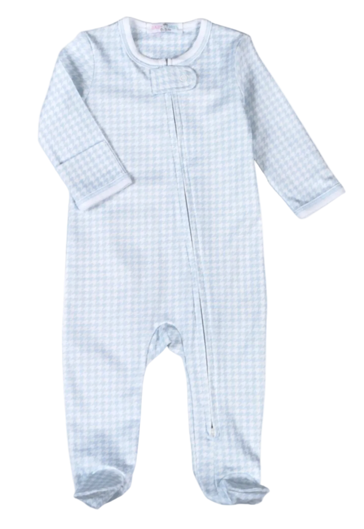 A baby footed sleeper in a light blue and white gingham check pattern, featuring long sleeves, a snap-button closure at the neck, and a front zipper.