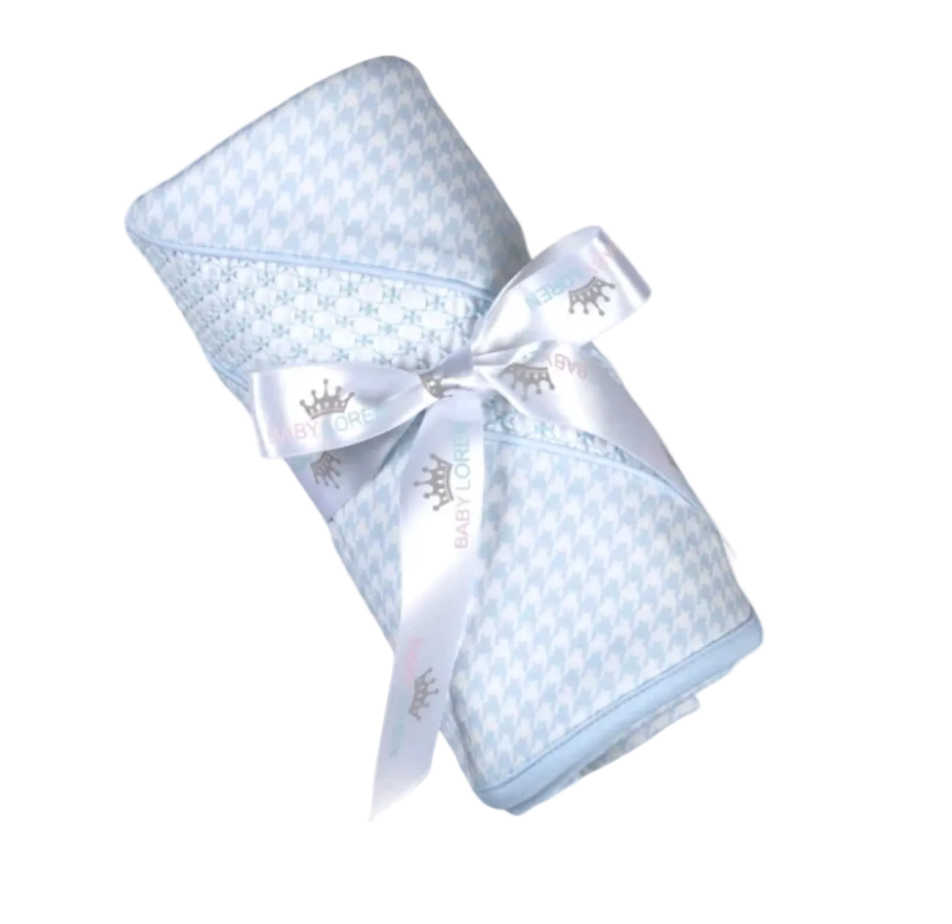 A light blue and white houndstooth patterned baby swaddle blanket wrapped in a white satin ribbon with a silver crown print and the brand name BABY CORNER.