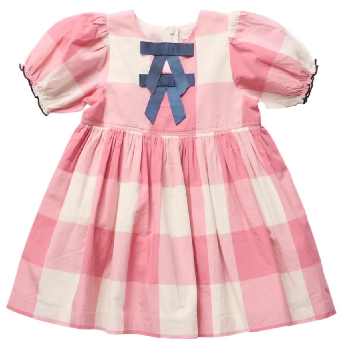 A pink and white gingham baby dress with puff sleeves, a gathered skirt, and a blue ribbon bow on the chest.