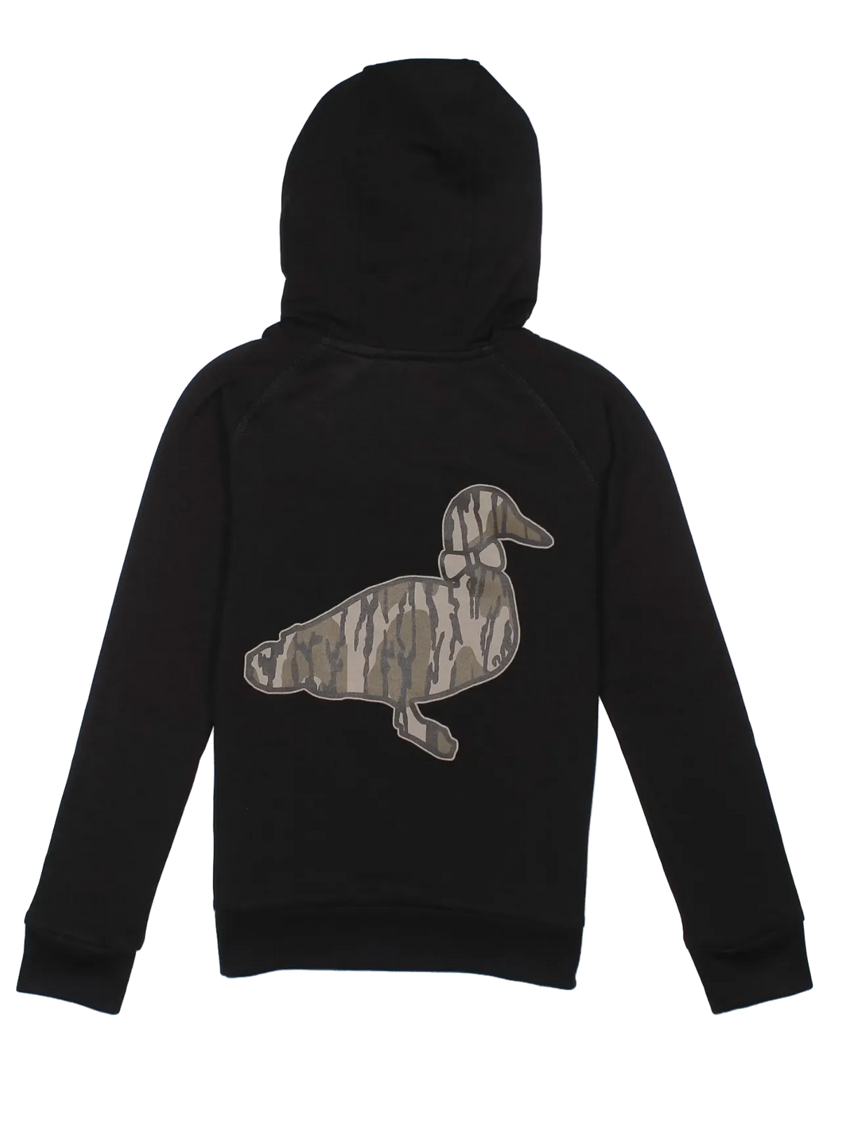 A black long-sleeve hoodie shown from the back, featuring a large duck graphic printed in a mossy oak pattern across the center.