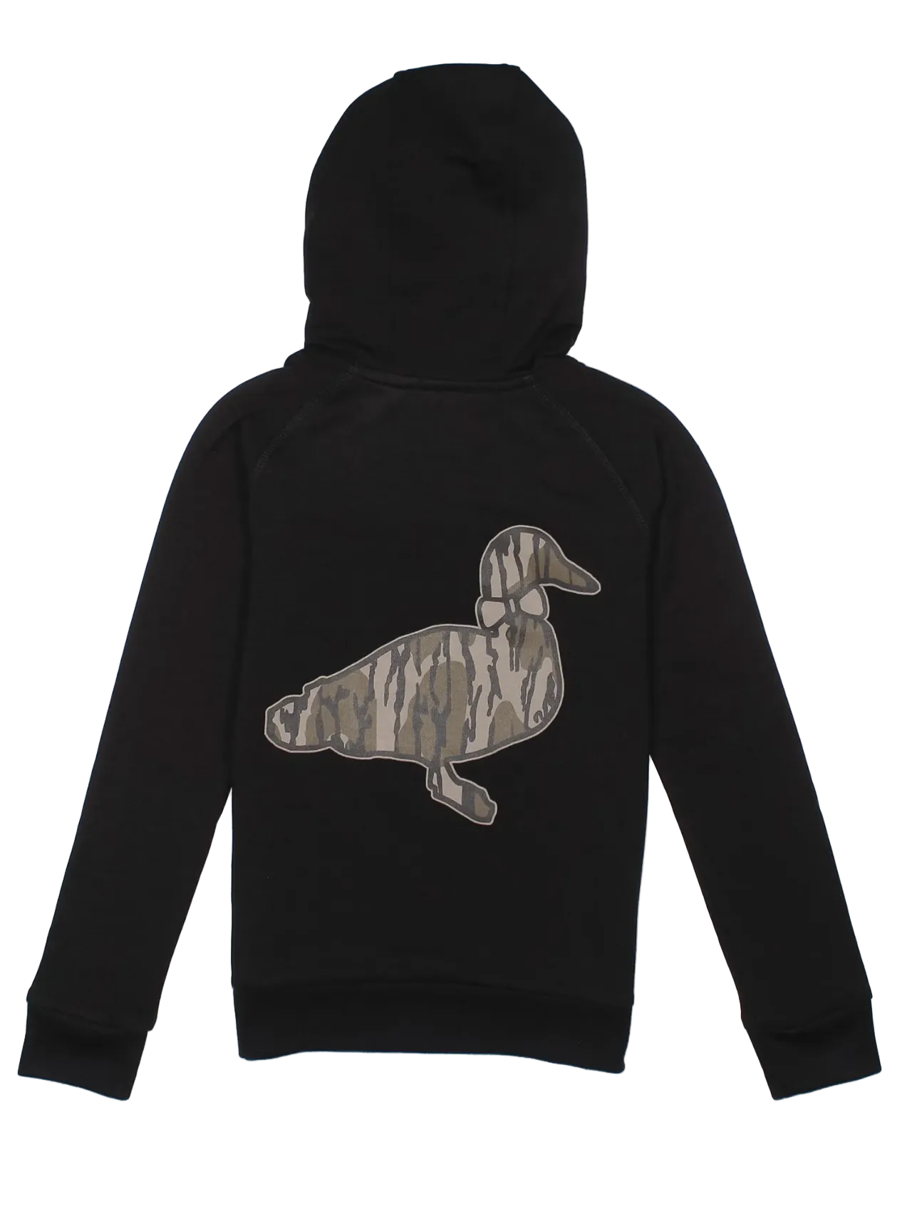 A black long-sleeve hoodie shown from the back, featuring a large duck graphic printed in a mossy oak pattern across the center.