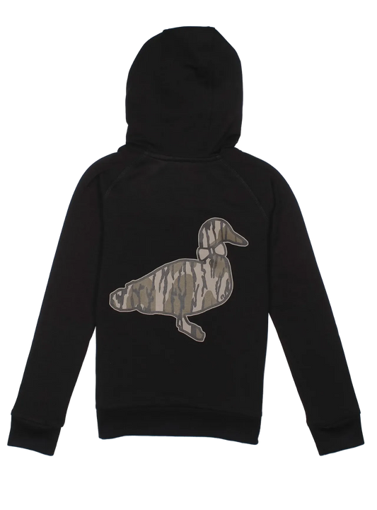 A black long-sleeve hoodie shown from the back, featuring a large duck graphic printed in a mossy oak pattern across the center.