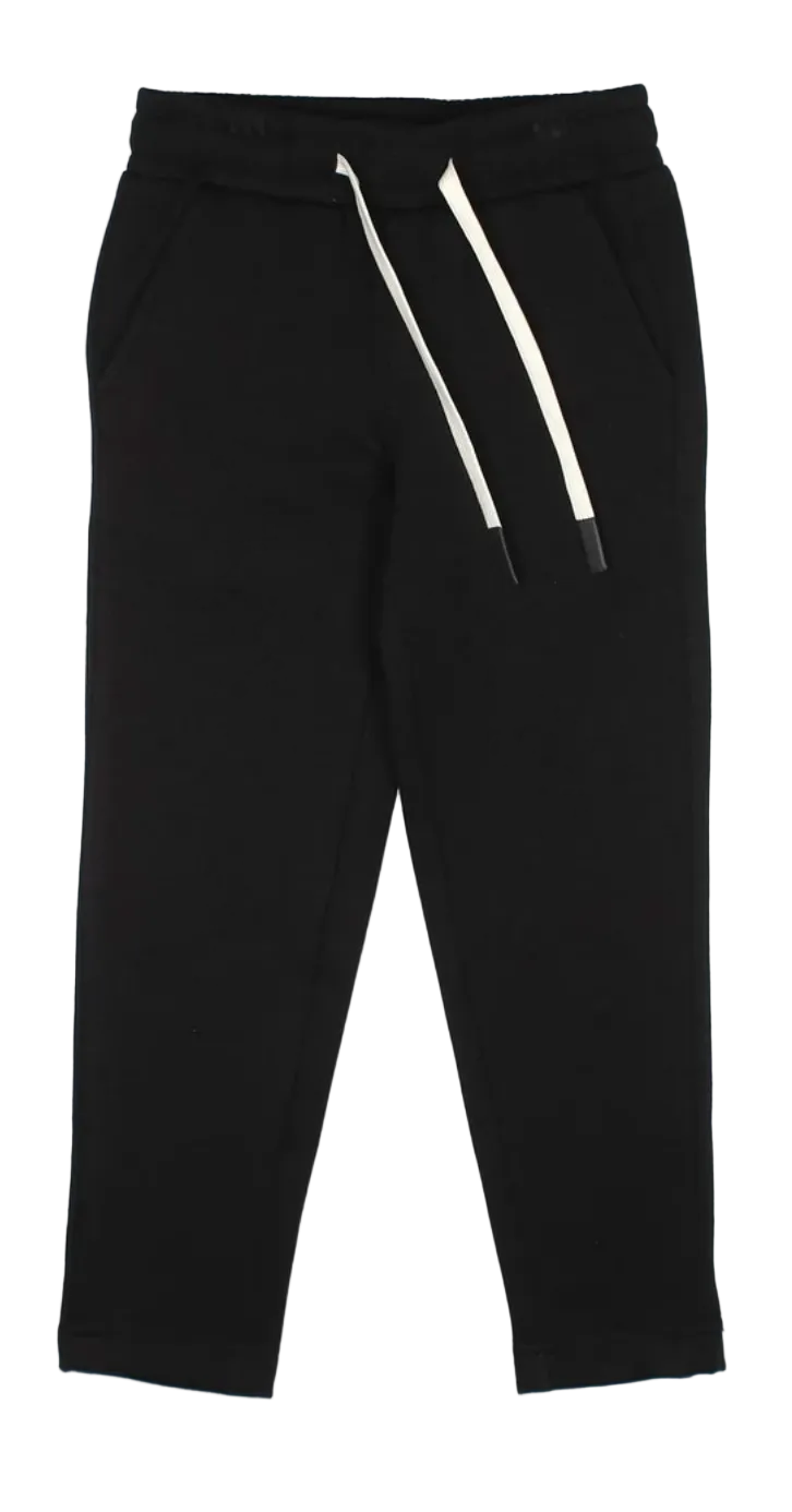 Black jogger pants with a white drawstring, shown flat against a white background.