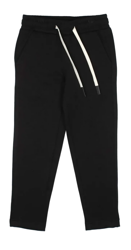 Black jogger pants with a white drawstring, shown flat against a white background.