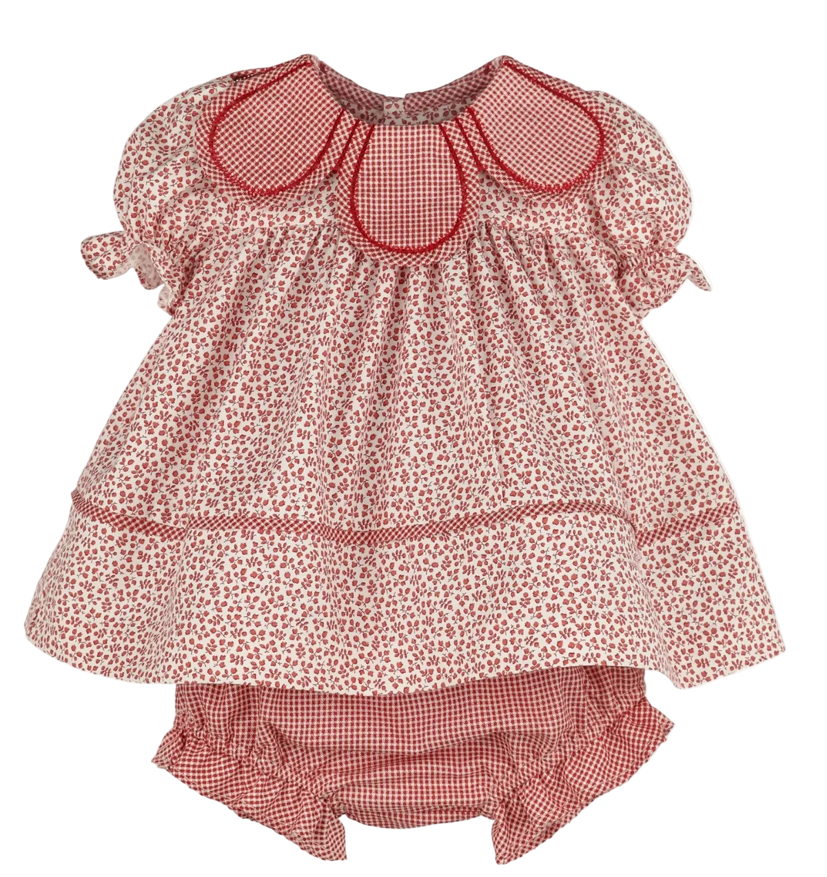 A baby girl's two-piece outfit featuring a smocked blouse with a cranberry pattern, red gingham trim, and a Peter Pan collar, paired with matching red and white gingham bloomers.