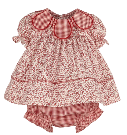 A baby girl's two-piece outfit featuring a smocked blouse with a cranberry pattern, red gingham trim, and a Peter Pan collar, paired with matching red and white gingham bloomers.