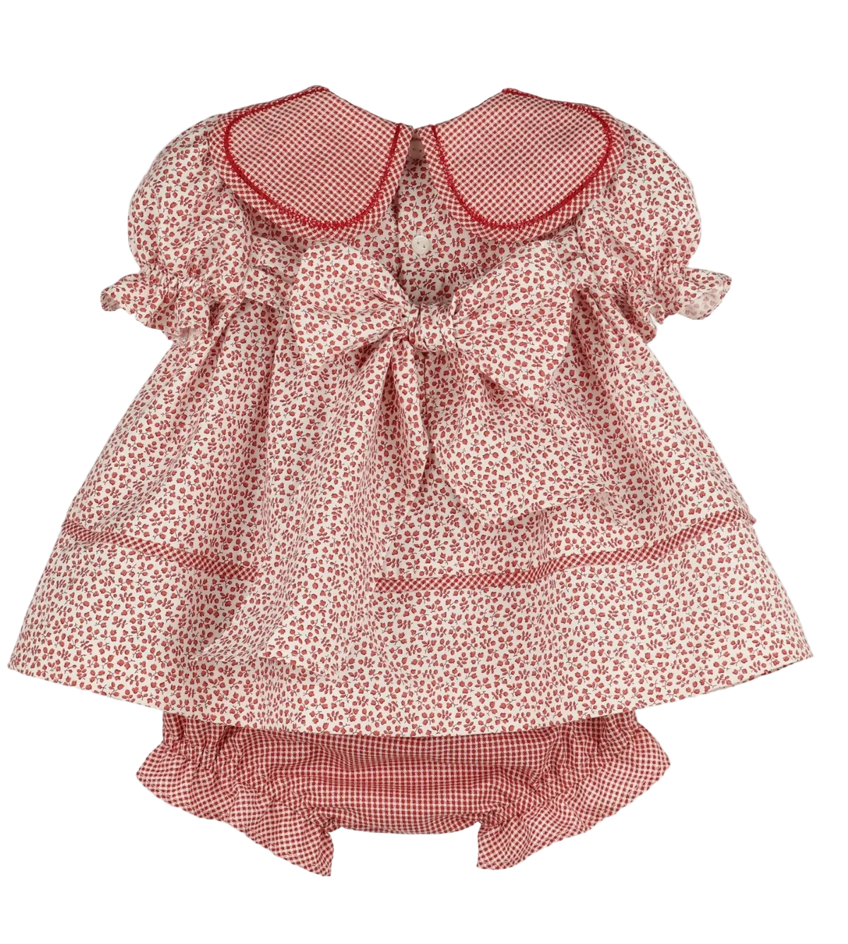 A baby girl's two-piece outfit set featuring a short-sleeve dress with a cranberry pattern, red trim, and a large bow at the back collar, paired with a matching gingham ruffled bloomer.