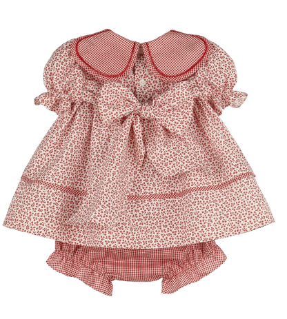 A baby girl's two-piece outfit set featuring a short-sleeve dress with a cranberry pattern, red trim, and a large bow at the back collar, paired with a matching gingham ruffled bloomer.