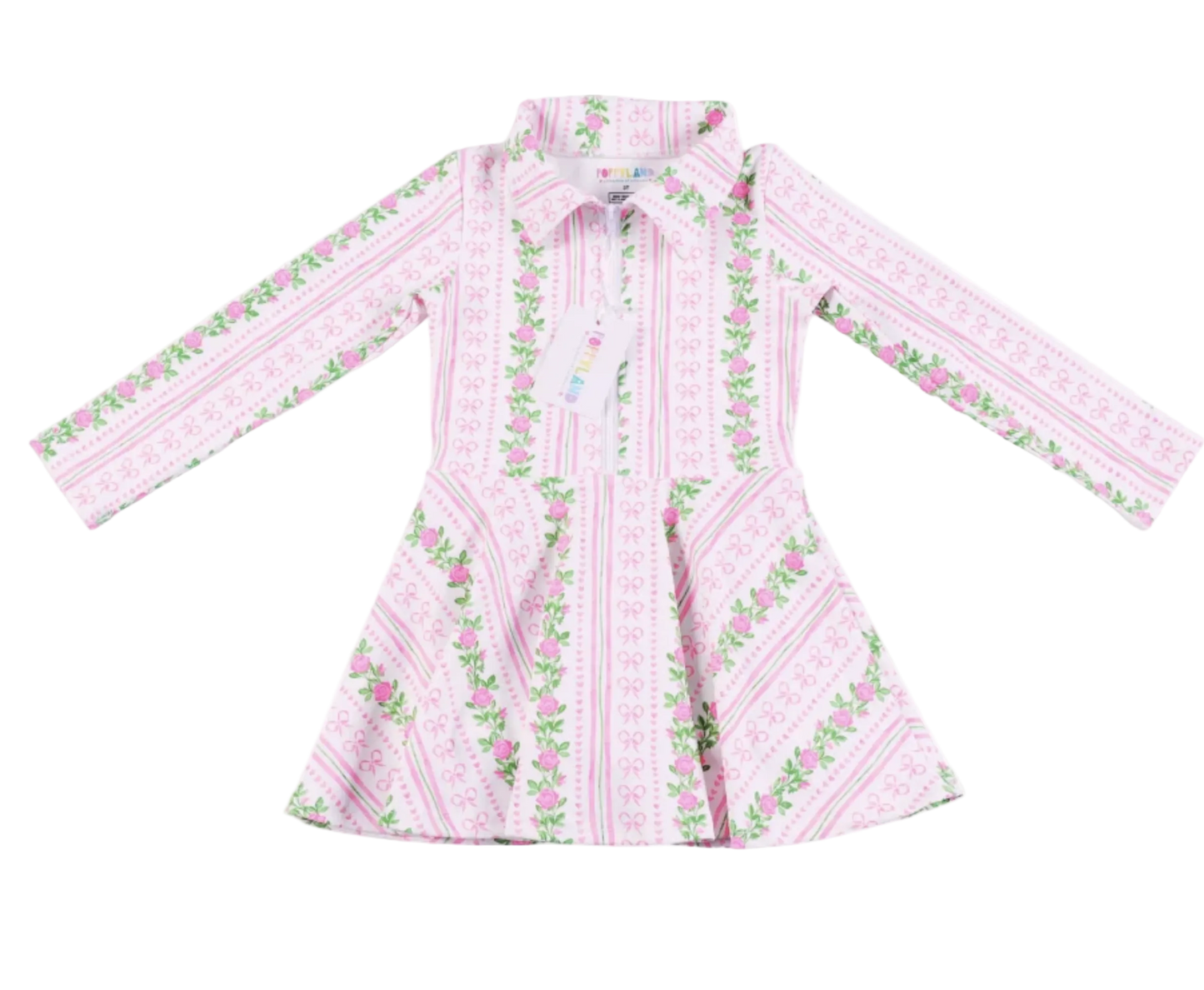 A pink long-sleeve collared dress with a vertical striped pattern and green floral accents, displayed flat against a white background.