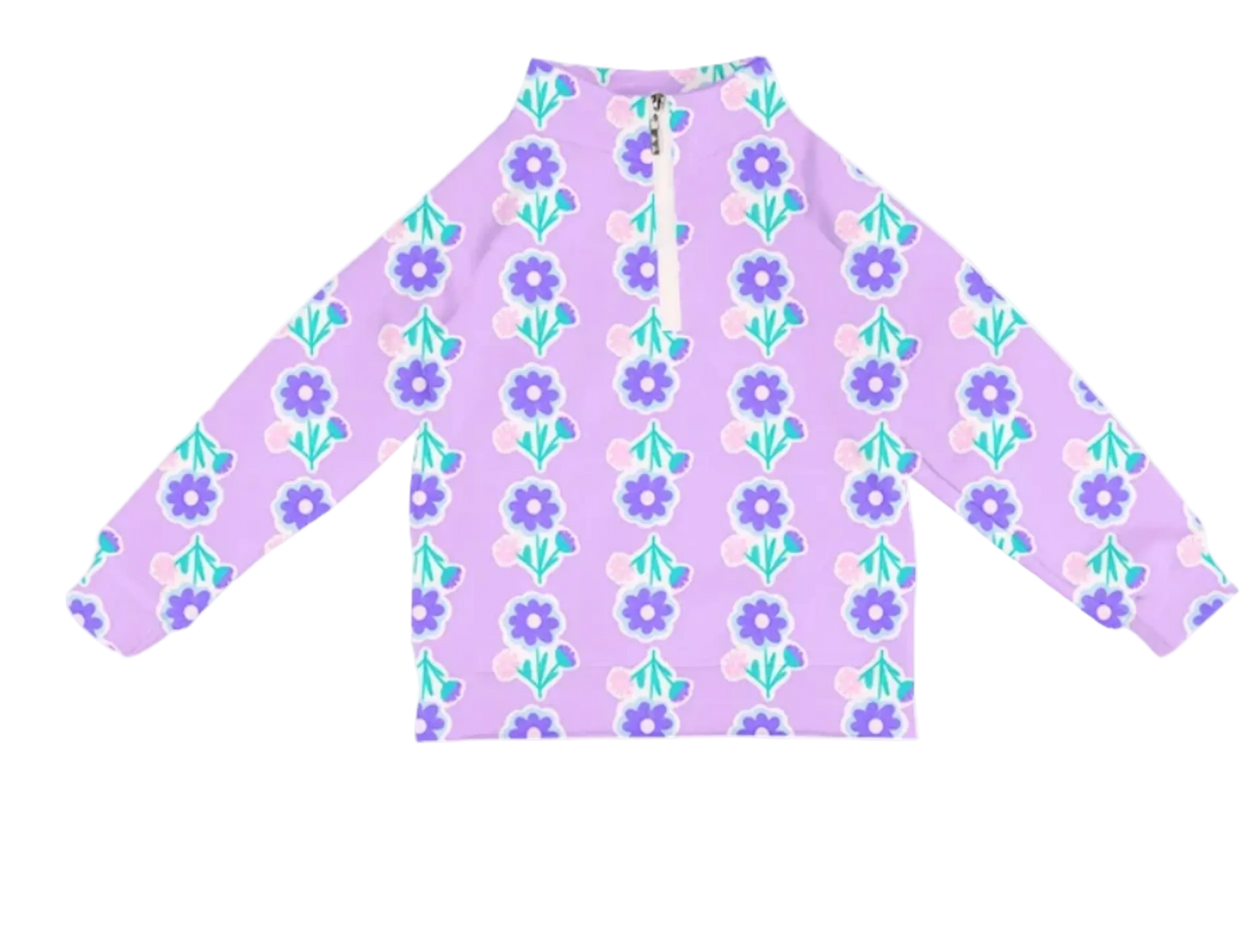 A long-sleeve quarter-zip pullover top in lavender purple, featuring an all-over retro floral pattern with purple flowers, teal leaves, and light pink accents.