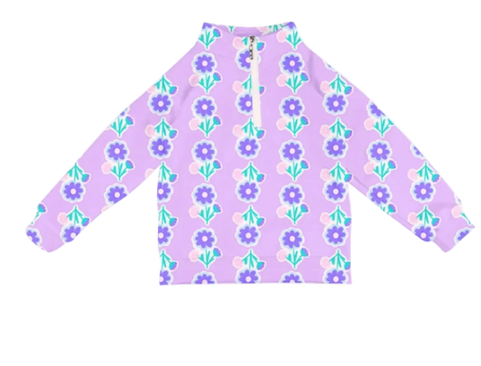 A long-sleeve quarter-zip pullover top in lavender purple, featuring an all-over retro floral pattern with purple flowers, teal leaves, and light pink accents.