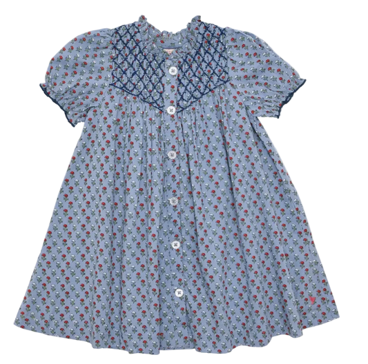 A baby girl's short-sleeve dress with a light blue floral print, a navy blue patterned yoke, and white buttons down the front, shown flat on a light gray background.