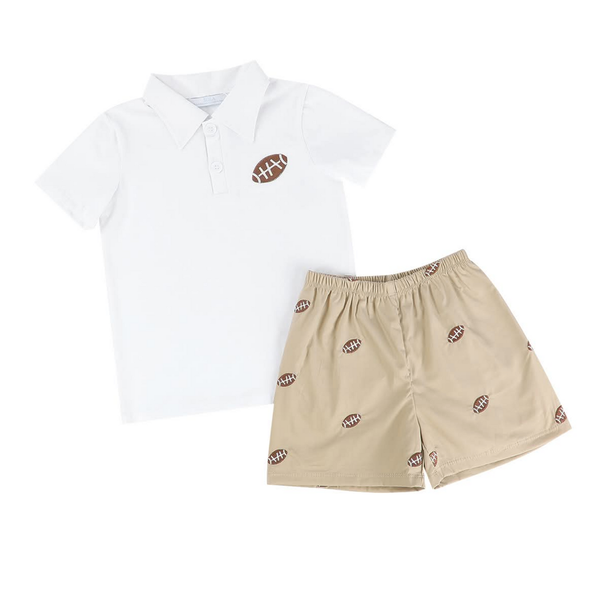 A two-piece kids' outfit set featuring a white short-sleeve polo shirt with a brown football patch on the chest, and beige shorts with an allover football print.