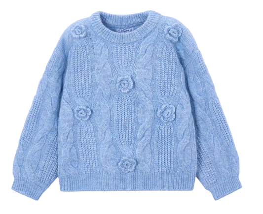 A light blue cable-knit sweater with raised floral details, laid flat on a light gray background.