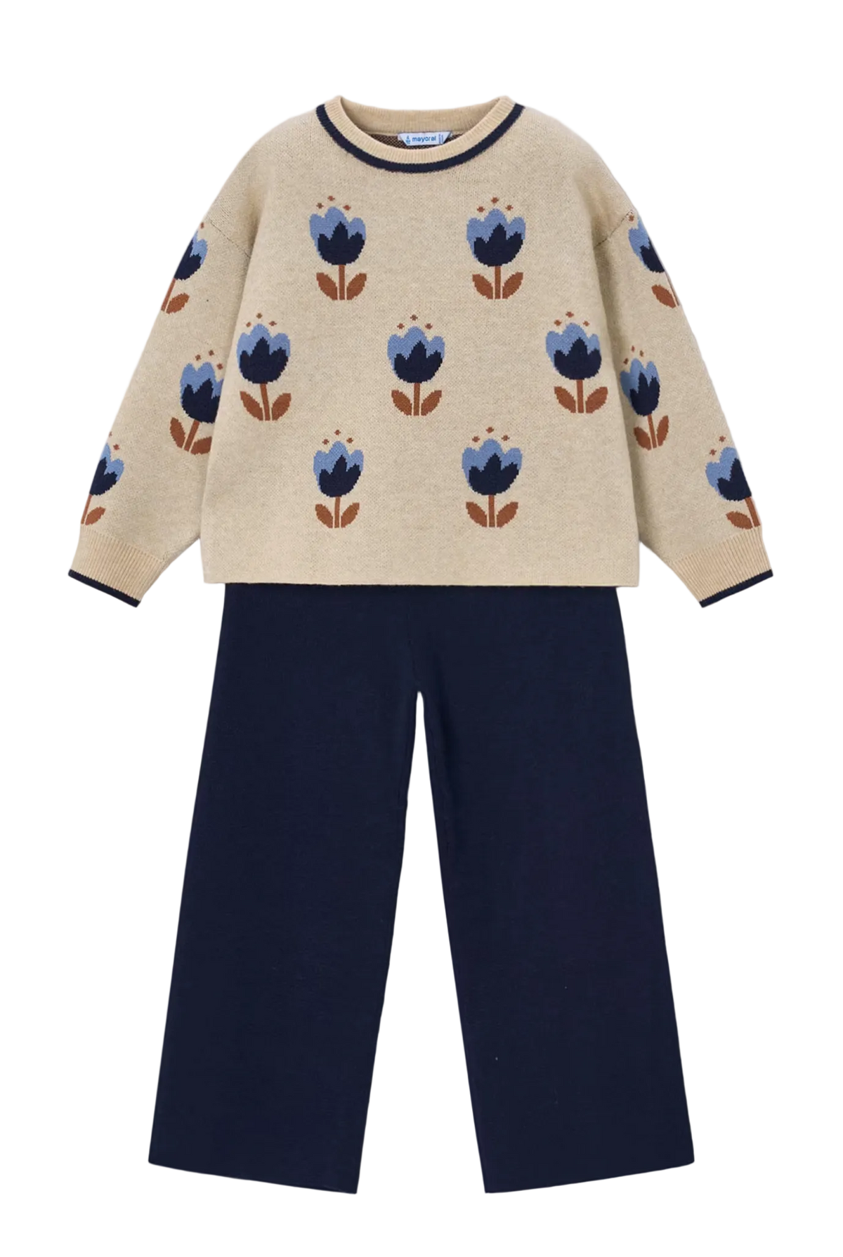 A children's knit two-piece set featuring a cream-colored long-sleeve top with a blue and brown floral pattern and navy trim, paired with navy wide-leg pants, shown flat on a light gray background.