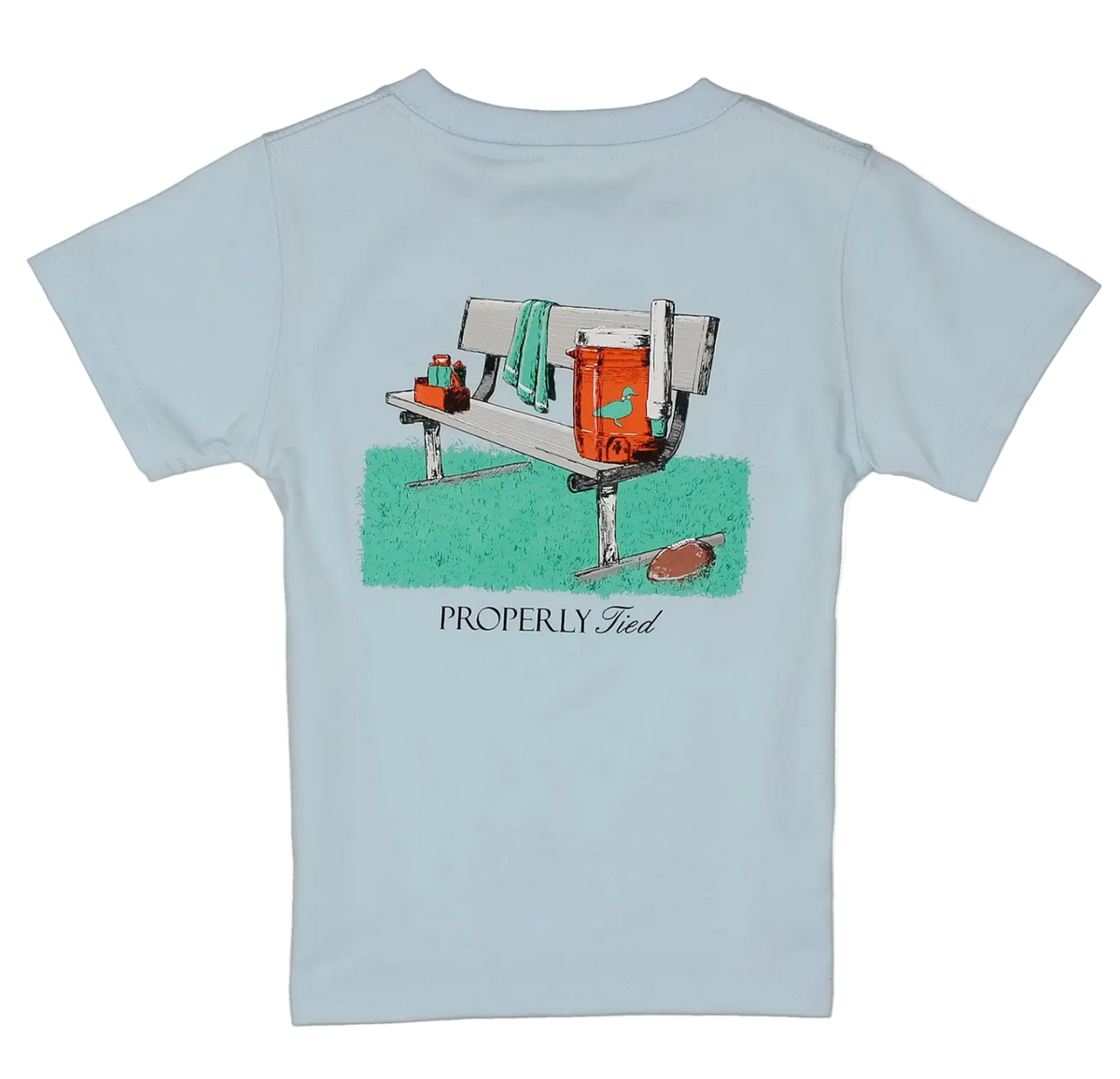 A light blue short-sleeve t-shirt with a vintage-style graphic of a football bench scene and the text 'PROPERLY tied printed on the front, displayed on a clean white background.