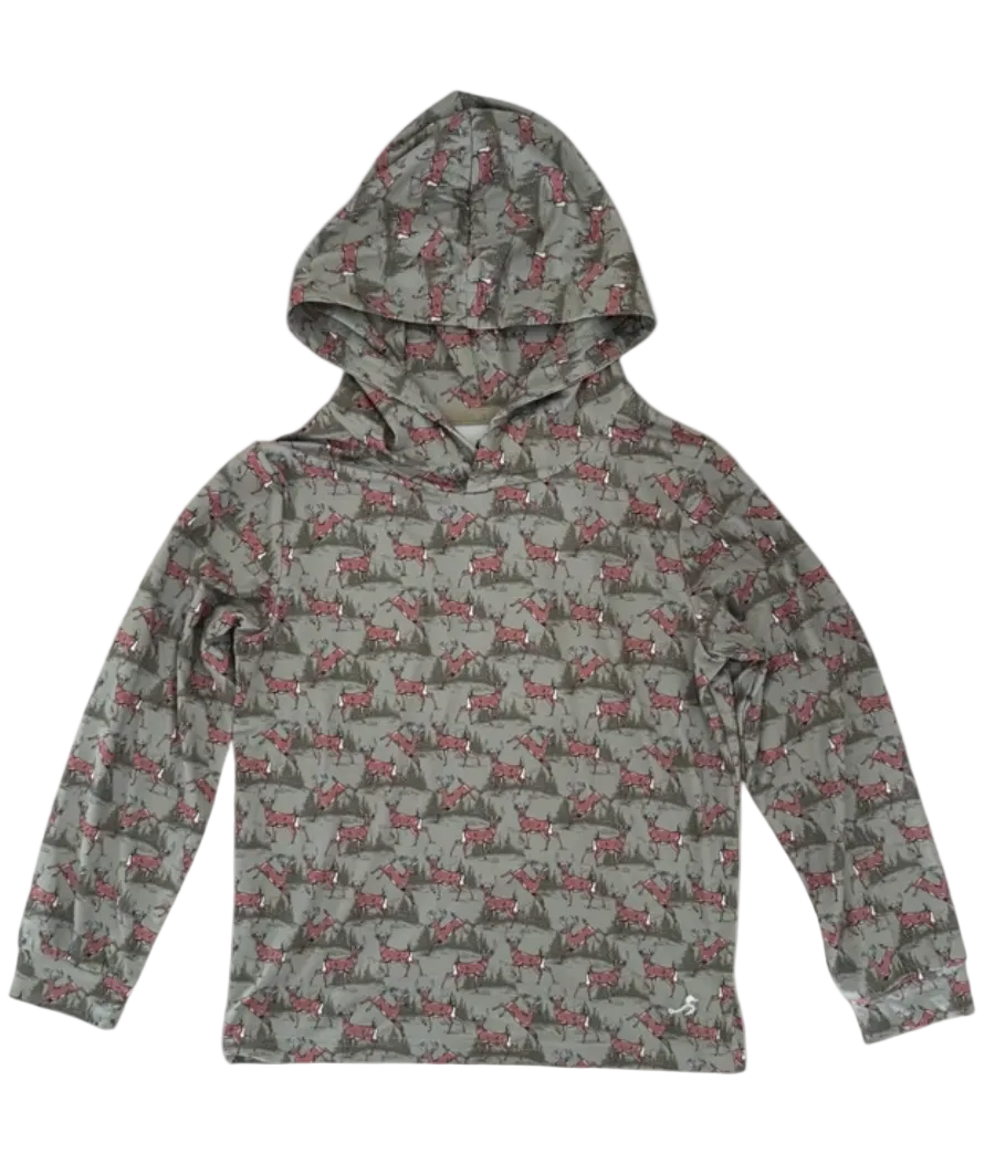 A kids' long sleeve hooded shirt with an all-over hunter green pattern featuring Whitetail deer.