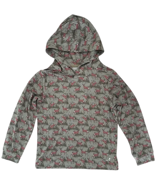 A kids' long sleeve hooded shirt with an all-over hunter green pattern featuring Whitetail deer.