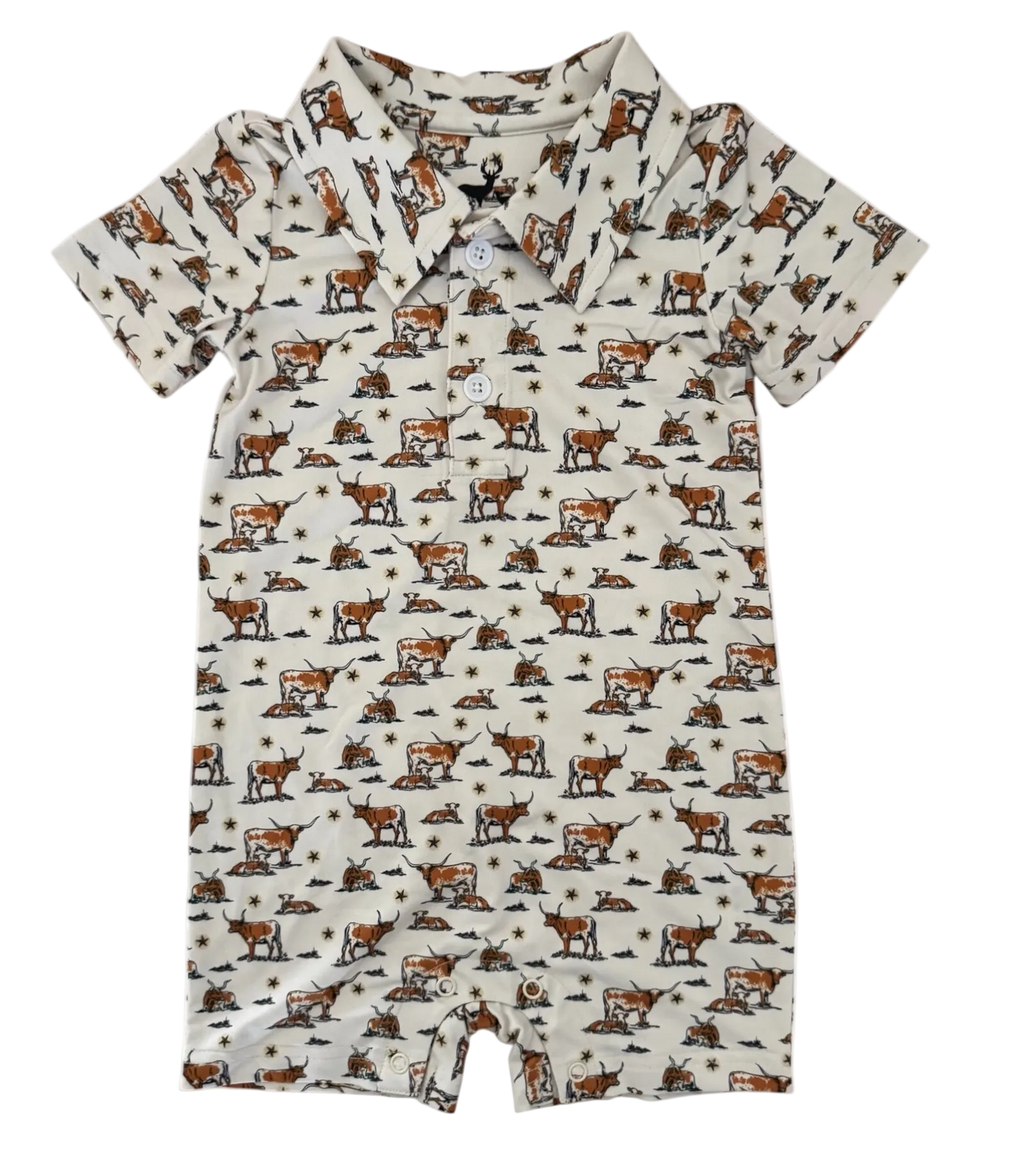 A short-sleeve baby romper with an all-over longhorn print on a cream-colored fabric, featuring a 2 button on  front and a pointed collar.