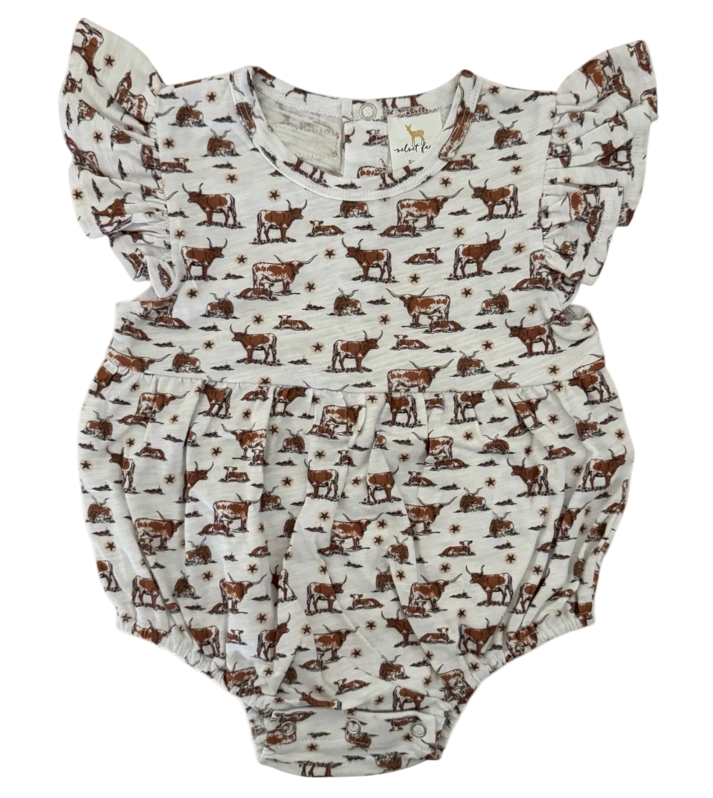 A baby romper with ruffled sleeves and a bubble skirt, featuring an all-over print of longhorns and lone stars on a cream background.
