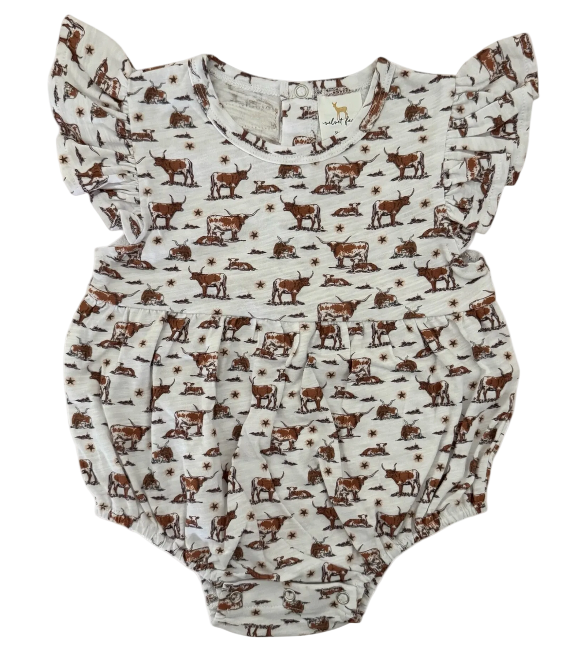 A baby romper with ruffled sleeves and a bubble skirt, featuring an all-over print of longhorns and lone stars on a cream background.