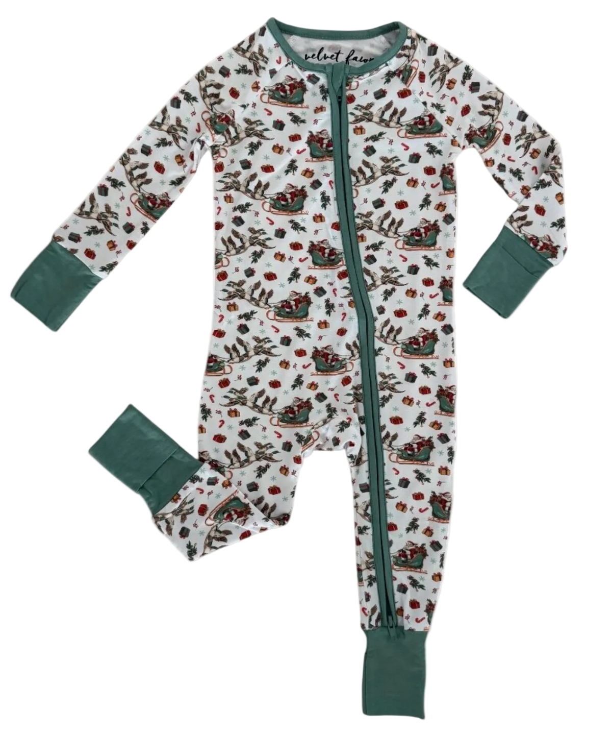 boys pajamas, detailed by santa being pulled on slay by mallard ducks
