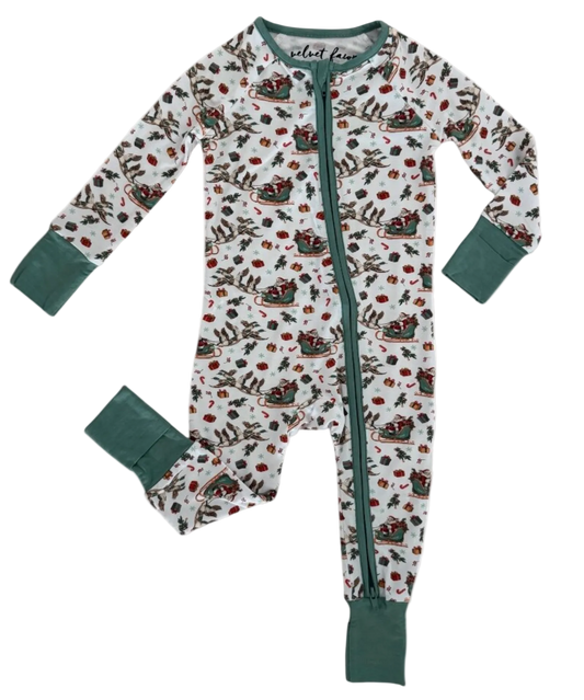 boys pajamas, detailed by santa being pulled on slay by mallard ducks