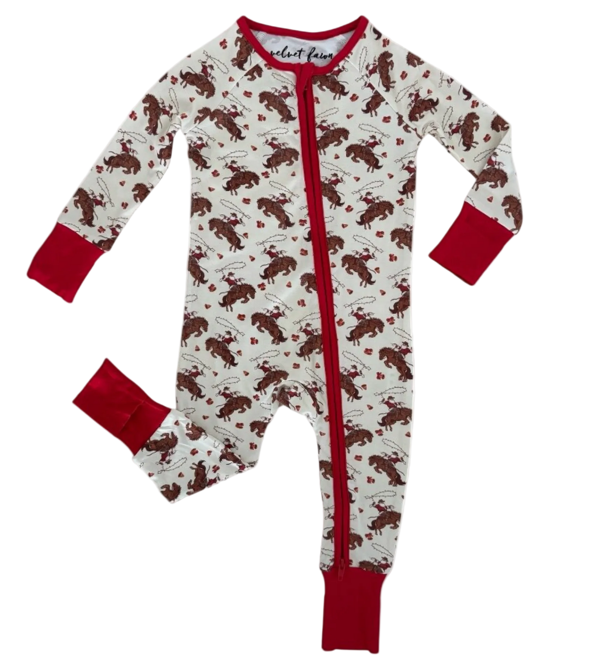 A baby long-sleeve footed sleeper with a red zipper, featuring an all-over print of santa ridning reighdeers  on a white background with red cuffs and collar.