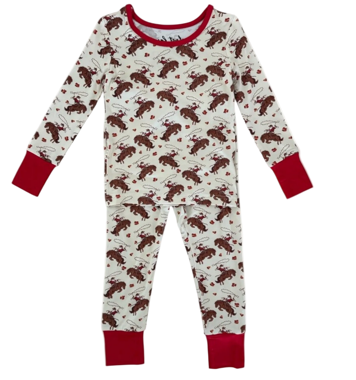 A children's long-sleeve pajama set with an allover Santa saddle print on an off-white background, featuring solid red cuffs and a red crew neck.