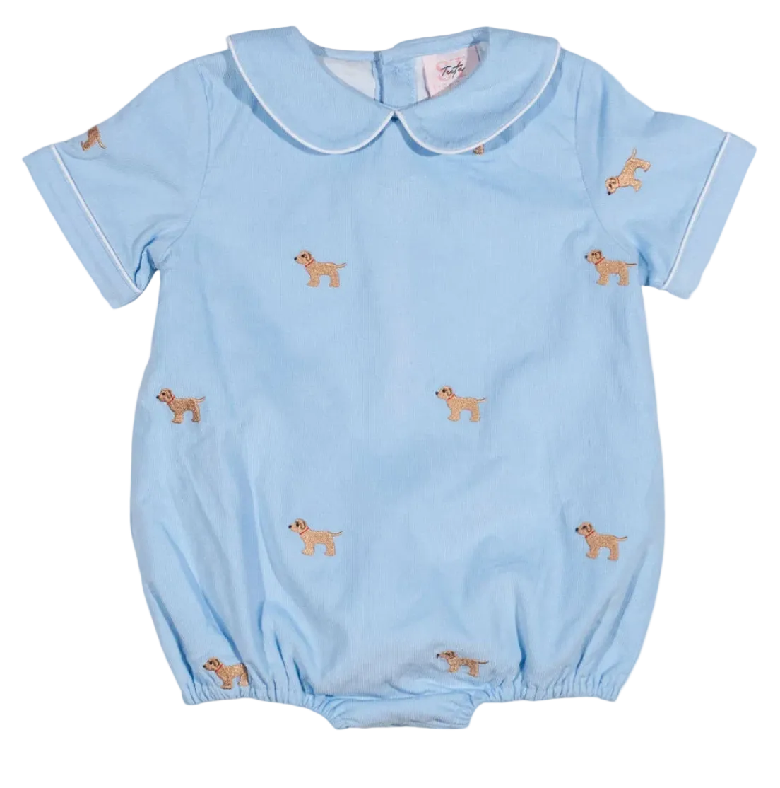 baby boy bubble, sky blue with dogs embroidered on it
