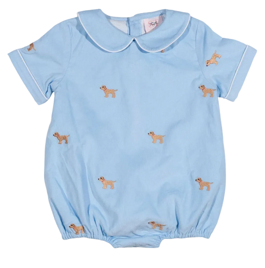 baby boy bubble, sky blue with dogs embroidered on it